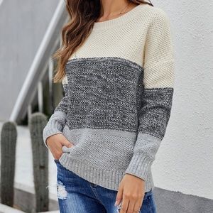 Gray Color Block Netted Texture Pullover Sweater